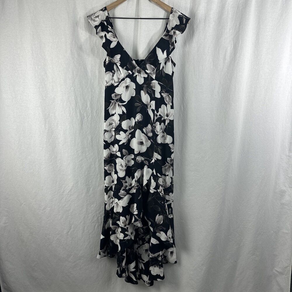 Express Floral Satin Hi-Lo V-neck Ruffle Sleeve Maxi Dress Womens Size 2 Boho